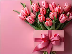 Kwiaty, Różowe, Tło, Bukiet, Prezent, Kokarda, Tulipany
