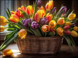 Kosz z kolorowymi tulipanami przy oknie