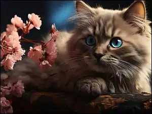 Niebieskooki kot i kwitnące gałązki