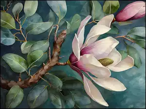 Kwitnąca, Malarstwo, Gałązka, Krzew, Magnolia