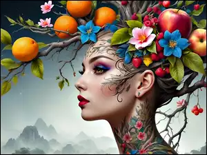Dziewczyna z owocami i kwiatami na głowie