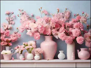 Różowe gałązki i wazoniki na półce