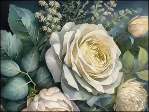 Białe, Listki, Kwiaty, Malarstwo, Róże
