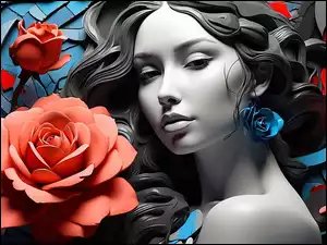 Kobieta, Róże, Czarnowłosa, Grafika, Czerwone