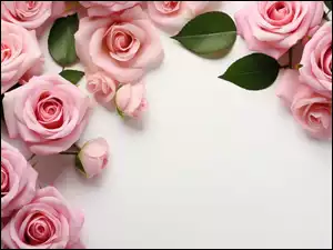 Różowe róże i listki na białym tle