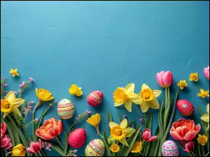 Tulipan, Narcyz, Wielkanoc, Kwiat, Tło, Niebieskie, Pisanki