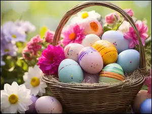 Koszyk, Wielkanoc, Pisanki, Kolorowe, Kwiaty