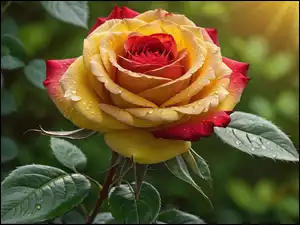 Żółto czerwona róża z kropelkami wody