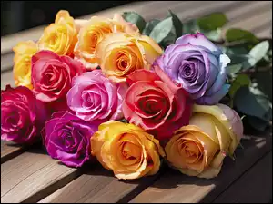 Bukiet, Kwiaty, Różowe, Róże, Żółte, Fioletowe