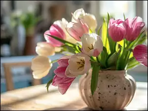 Białe, Kwiaty, Tulipany, Wazon, Różowe, Bukiet