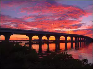 Floryda, Rzeka, Chmury, Stany Zjednoczone, Zachód słońca, Most, Indian River