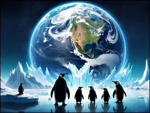 Planeta Ziemia, 2D, Morze, Góry lodowe, Pingwiny
