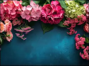 Hortensje, Kompozycja, Kolorowe, Kwiaty, Róże