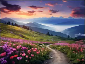 Kręta droga i kwiaty w tle zamglone góry