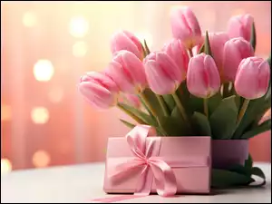 Bukiet różowych tulipanów z prezentem przewiązanym wstążką