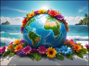 Ziemia, Kwiaty, Plaża, Grafika, Palmy, Wyspa, Morze