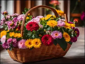 Koszyk z kolorowymi kwiatkami na stole