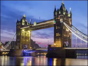 Londyn, Rzeka Tamiza, Światła, Anglia, Noc, Tower Bridge, Most