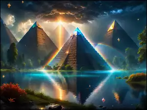 Piramidy, Jezioro, Promienie słońca Fantasy, Grafika, Tęcza, Odbicie, Drzewa