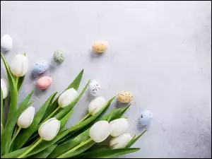 Tulipany, Wielkanoc, Kolorowe, Szare tło, Białe, Pisanki