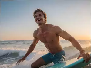 Uśmiechnięty surfer z deską na brzegu morza