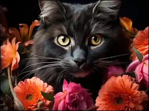 Czarny kot wśród kwiatów