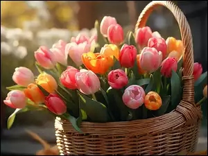 Koszyk, Różowe, Żółte, Tulipany