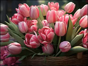 Koszyk, Różowe, Tulipany, Liście