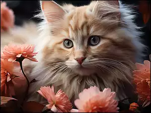 Kot, Kwiaty, Puszysty, Rudy, Pyszczek