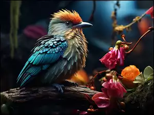Ptak, Kolorowy, Kolorowe, Grafika, Gałąź, Kwiaty