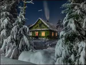 Noc, Zima, Śnieg, Gwiazdy, Dom, Zaspy, Drzewa, Światła