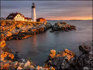 Stan Maine, Morze, Cape Elizabeth, Stany Zjednoczone, Portland Head Light, Latarnia morska, Skały