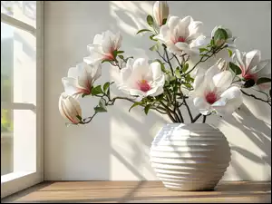Kwiaty magnolii w wazonie obok okna