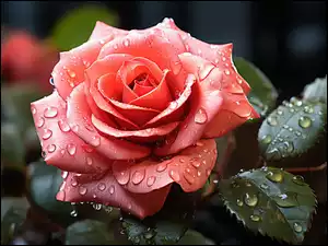 Różowa róża i liście pokryte kroplami wody