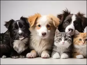 Trzy psy i trzy koty na szarym tle