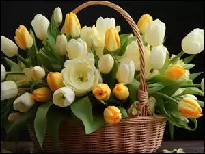 Białe, Kwiaty, Tulipany, Koszyk, Żółte, Listki