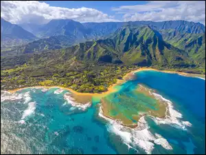 Morze, Stany Zjednoczone, Góry, Chmury, Hawaje, Roślinność, Z lotu ptaka, Wyspa Kauai