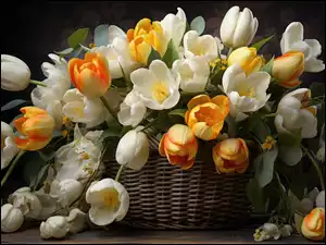Żółte, Koszyk, Białe, Kwiaty, Tulipany