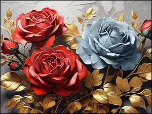 Niebieska i dwie czerwone róże z pąkami wśród złotych liści na szarym tle