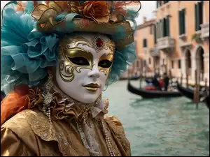 Kobieta w peruce i masce na karnawale w Wenecji