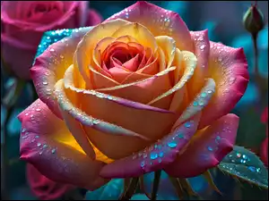 Kwiat, Grafika, Kolorowy, Róża, Krople
