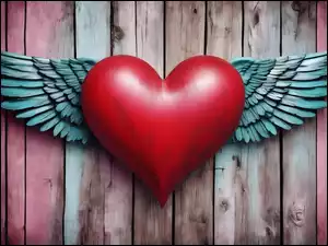 Czerwone serce ze skrzydłami na deskach