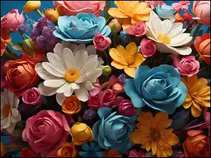 Róże, Grafika, Kolorowe, Kwiaty, Gerbery