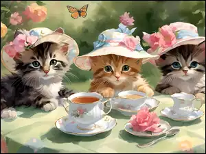 Trzy kotki w kapeluszach przy stole w ogrodzie