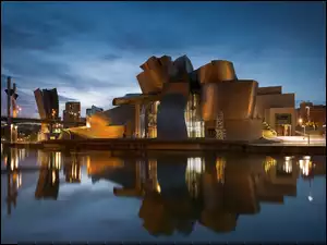 Bilbao, Muzeum Guggenheima, Noc, Hiszpania, Światła, Most, Rzeka Nervion