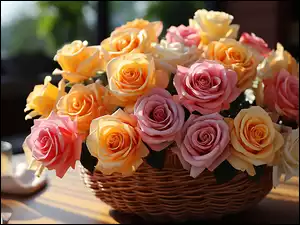 Żółte, Koszyk, Róże, Kolorowe, Różowe