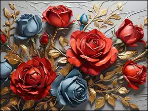 Niebieskie, Liście, Czerwone, Róże, Złote