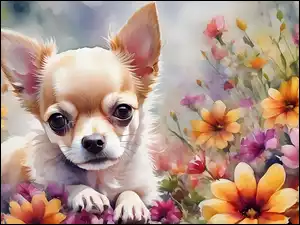 Pies, Chihuahua, Kwiaty, Grafika, Szczeniak, Akwarela