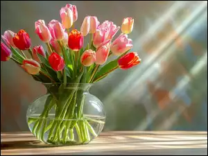 Kolorowe rozświetlone tulipany w wazonie
