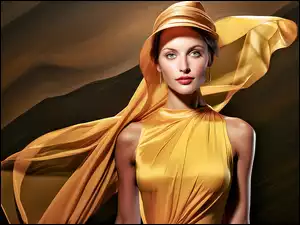 Kobieta w żółtej sukience w kapeluszu z ozdobną chustą